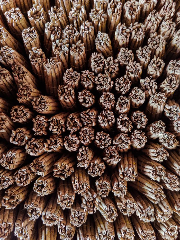 Top view of tightly packed incense sticks showcasing texture and abundance.